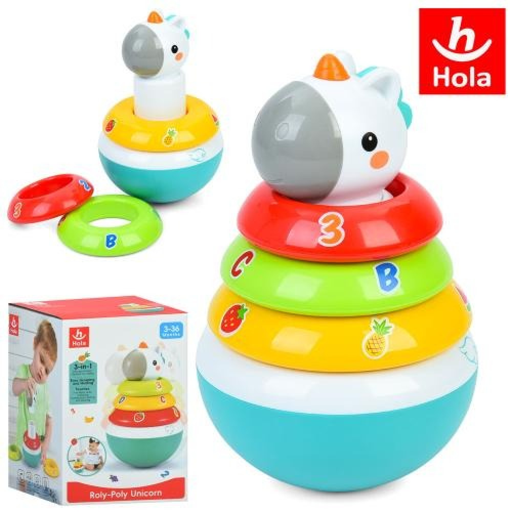 Неваляшка 3136 (24шт) єдиноріг, пірамідка, 17см, 3 кільця (брязкальця), в кор-ці,  13-19-13см