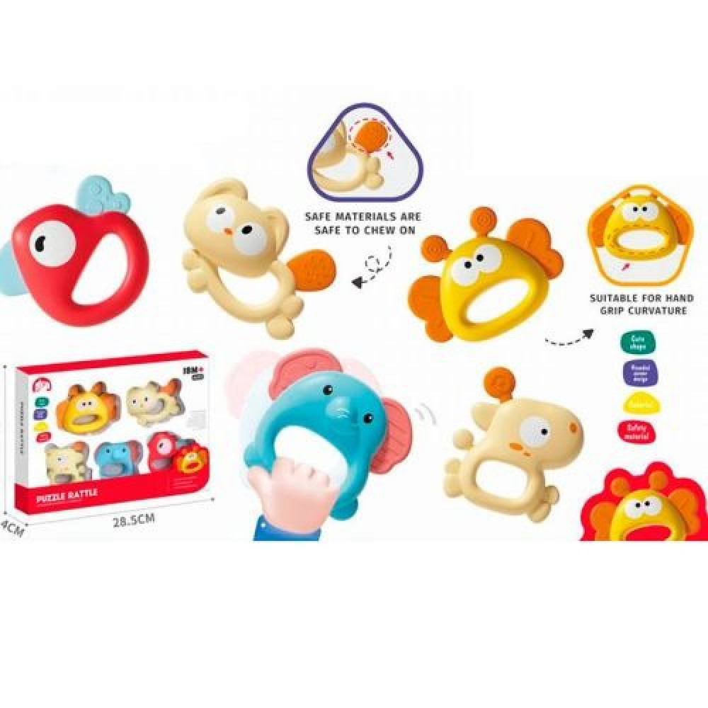 Брязкальце 1688-93 (54шт) набір 5шт, від 7,5см, прорізувач, текстурні деталі, петелька, в кор-ці, 28,5-20,5-4см