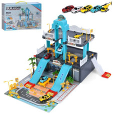 Гараж A246 (9шт) 65-63-в43см, 2 поверхи, ліфт(механічний), машинка 7см 4шт, вертоліт, дорожні знаки, дерева, 83дет, складається в чемодан (пластик+кар