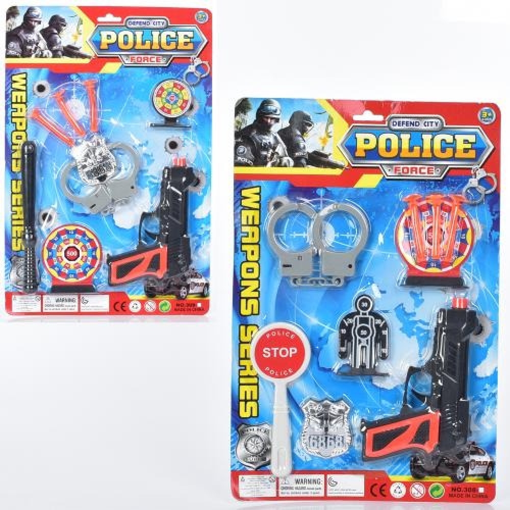 Набір амуніції 308-11-12 (96шт) поліція, пістолет 16см, присоски 3шт, аксесуари, 2 види, на листі, 25,5-38,5-3см