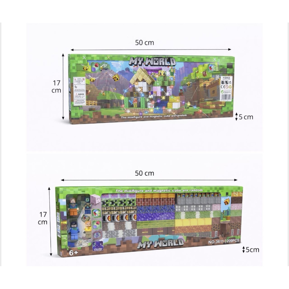 Магнітний Конструктор Minecraft модель 3611 на 209 деталів, у комплекті 4 фігурки; світлова стрічка; зброя в подарунок.
