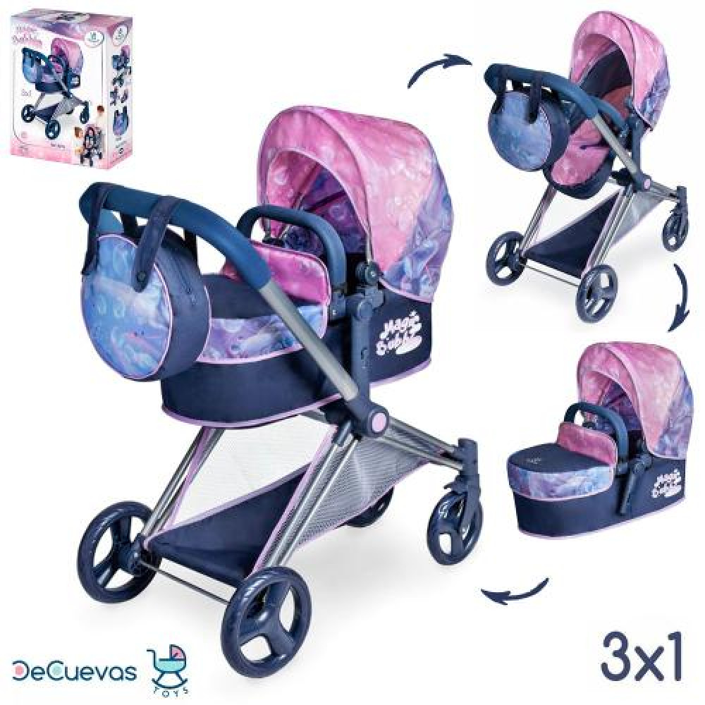 Коляска 81776 (3шт) для ляльки, трансформер, 3в1, ш38-д65-в75см, люлька, корзина, сумка, метал, в кор-ці, 54-41-14см