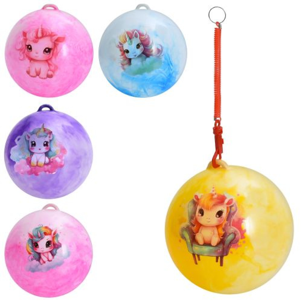 М'яч дитячий MS 4908 (120шт) 9 дюймів, 60г, ручка (пружина), принт-єдиноріг, мікс видів/4 кольори