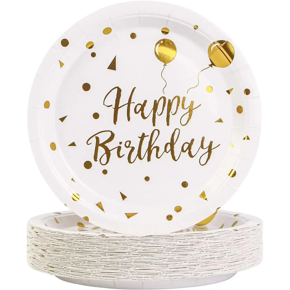 Тарілка велика Китай Happy birthday кульки золото 10 шт 23 см (14814)