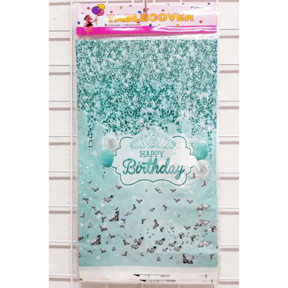 Скатертина одноразова Happy birthday корона та кульки блакитному, розмір 137x183 см 15511