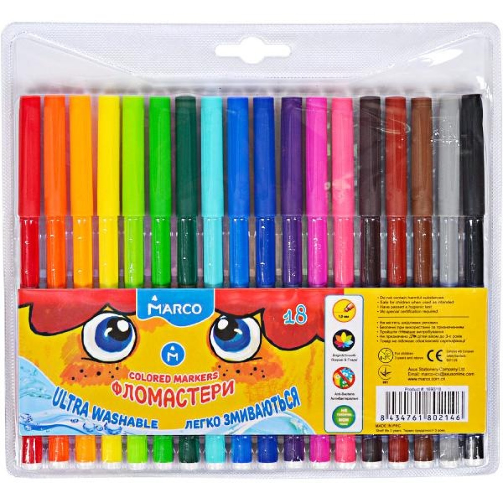 Фломастери 18 кольорів "Super Washable" 1690 MARCO (97791)