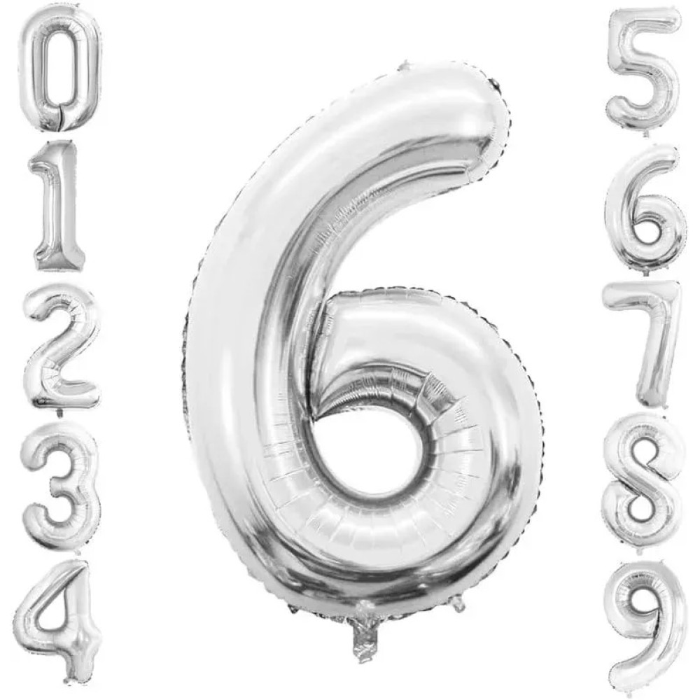 Фольгована цифра під гелій (80 см) - "6" (срібло) 02384