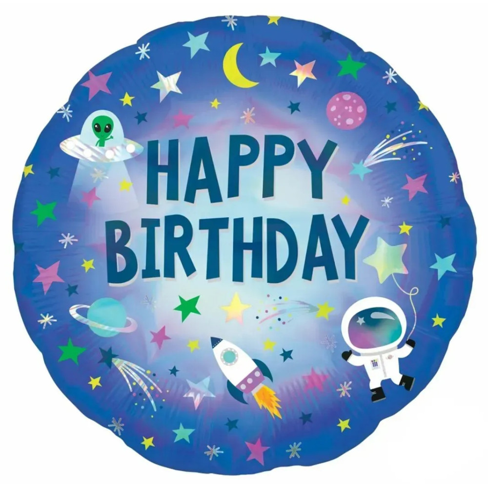 Фольгована куля Коло (Китай) "Happy Birthday. Космос, прибульці" 18" (синій) 05926