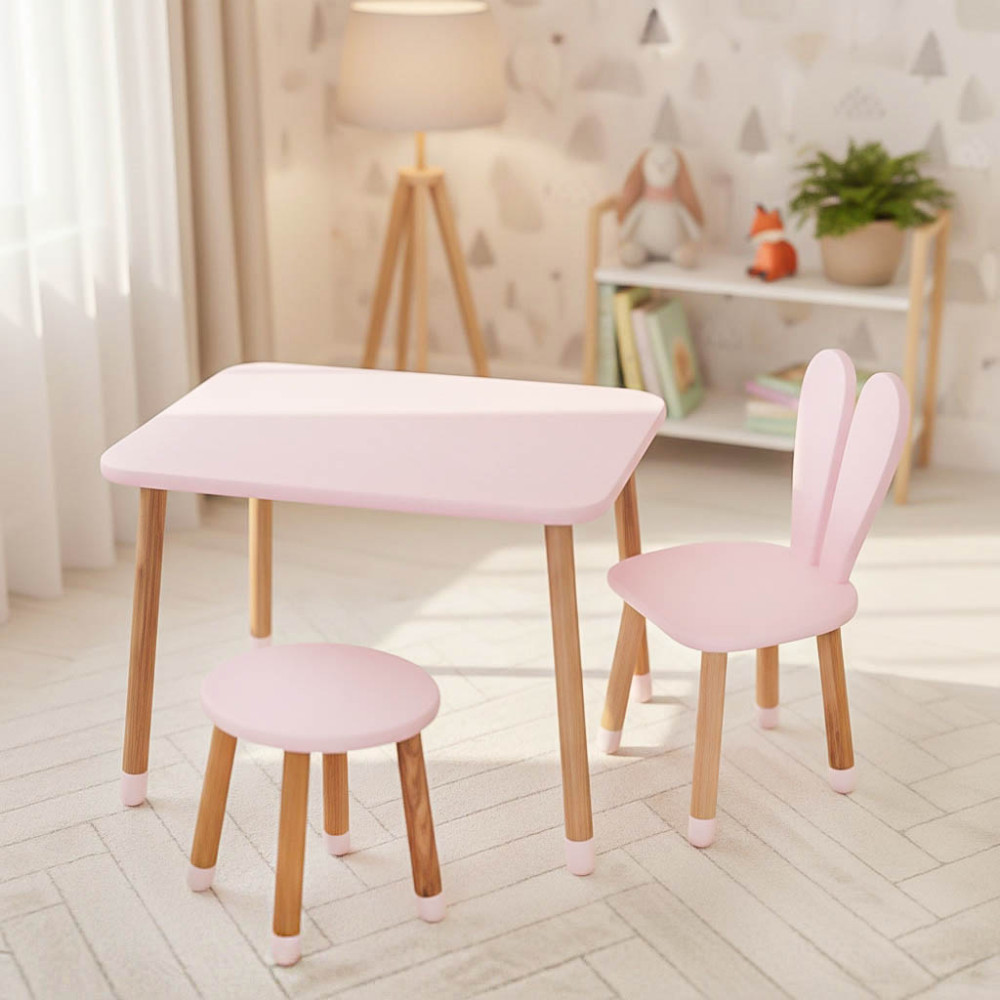 Комплект ARINWOOD Зайчик Рожевий (столик 500×680 + стільчик + табурет) 04-027R+SET