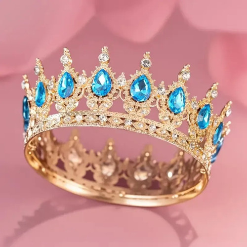 Корона металева з піками золото з блакитним камінням 12,5 x 5,5см 15449