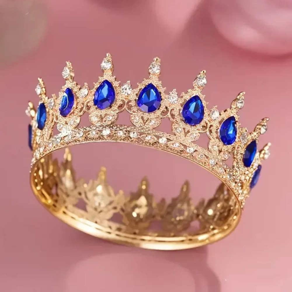 Корона металева з піками золото з синім камінням 12,5х5,5 см 15449