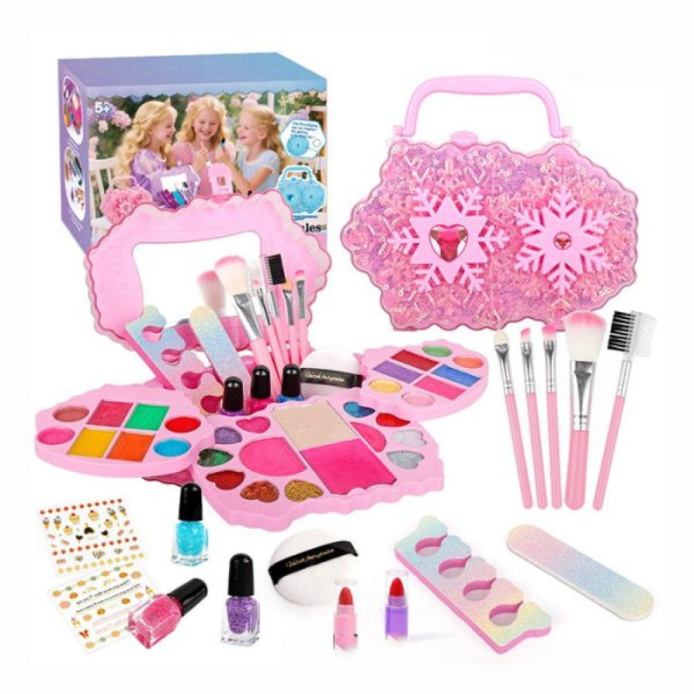 Косметика SR020 (18шт) скринька-сумка (пластик, 18-11-6см, дзеркало, сніжинки рухливі), тіні, пудра, рум'яна, пензлики, наліпки, помада 2шт., прикраси