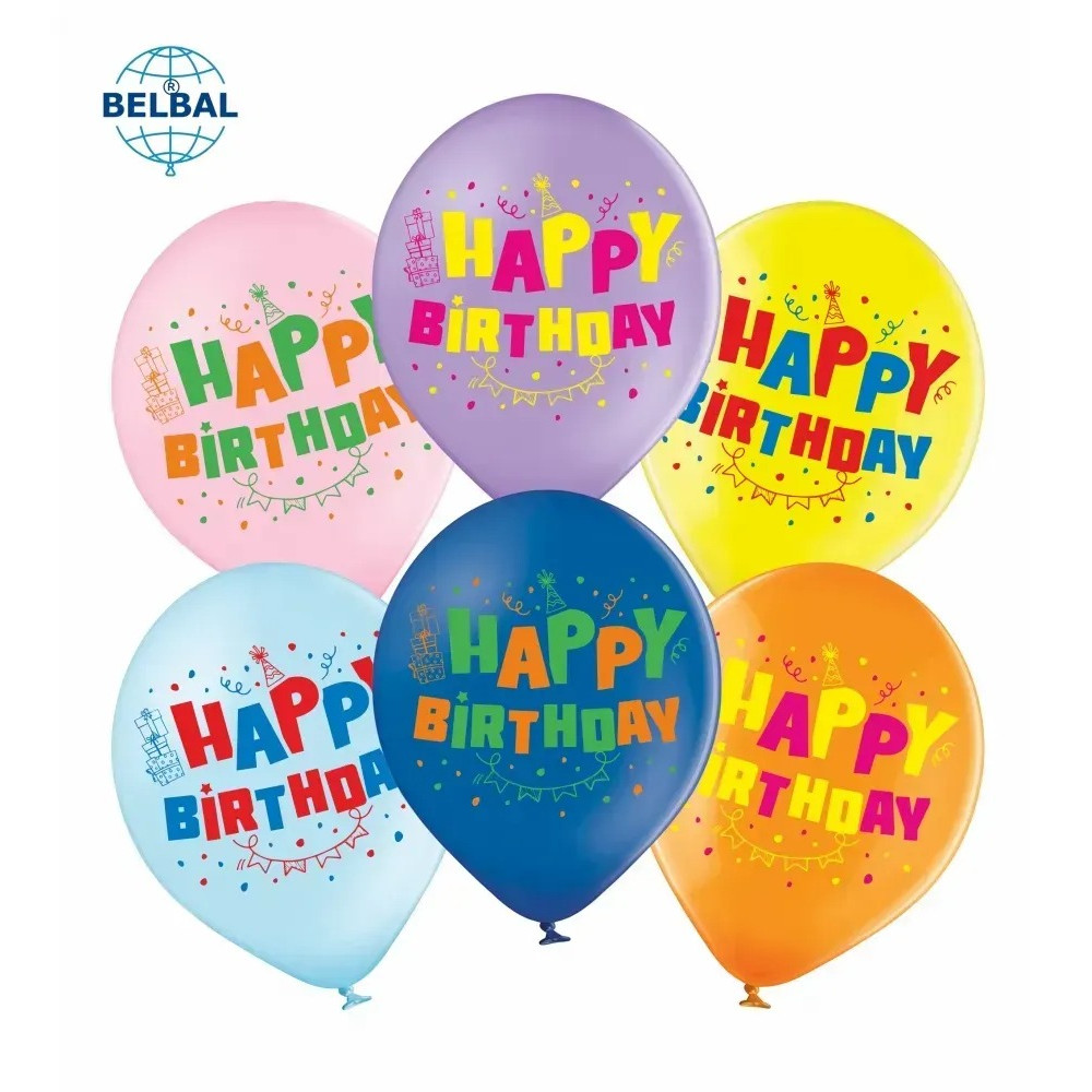 Латексні кульки Belbal Веселе свято "Happy birthday", мікс, 30 см 12" (25 шт.) 15408