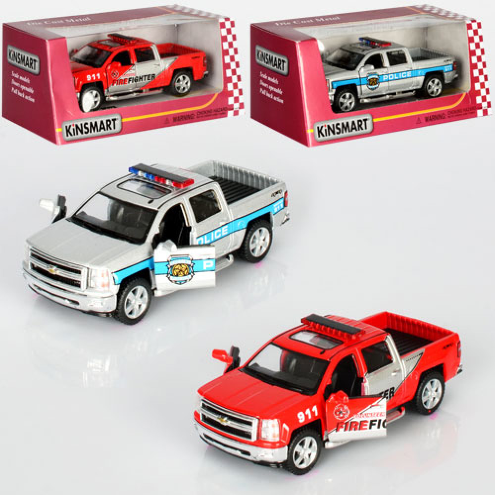 Машинка KT5381WPR (24шт) металл,инер-я, Chevrolet Silverado,1:46,откр.дв,рез.колес,2вида(полиц,пожарн),в кор-ке,16-7-8см