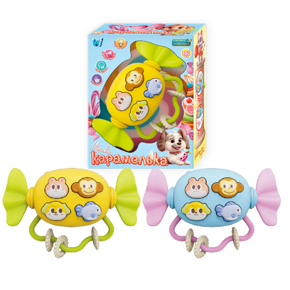 Музичне брязкальце 14929 (60) "WToys", 3 види, ОЗВУЧУВАННЯ УКРАЇНСЬКОЮ МОВОЮ, казки, пісні, віршики, гумові прорізувачі, намистинки, на батарейках, в