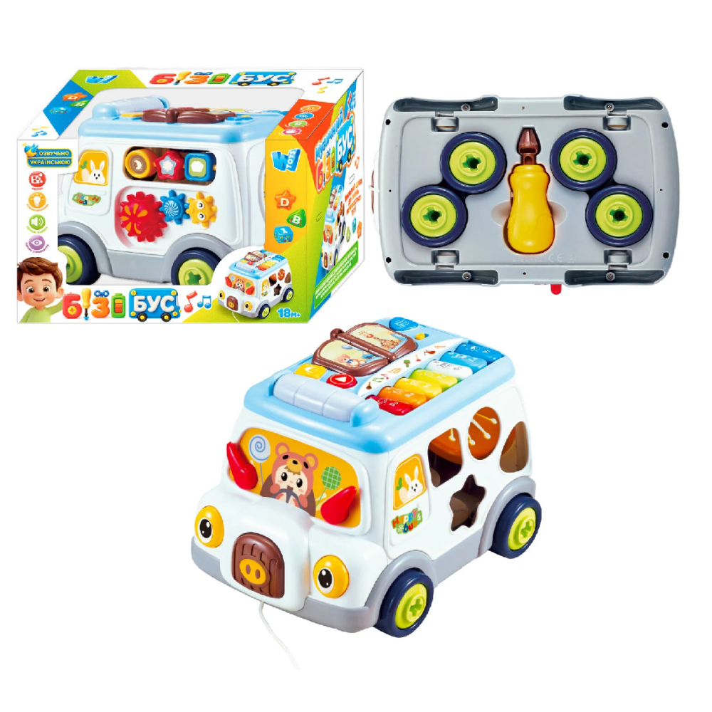 Музичний бізібус 45585 (12) “WToys”, 2 види, ОЗВУЧУВАННЯ УКРАЇНСЬКОЮ МОВОЮ, каталка, підсвічування, пісні, ноти, мелодії, кілька режимів, сортер, шест