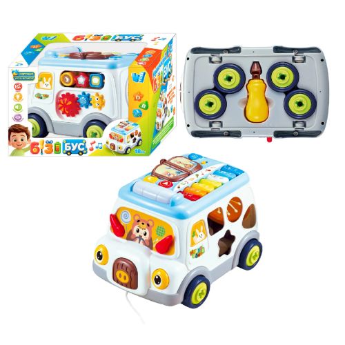 Музичний бізібус 45585 (12) “WToys”, 2 види, ОЗВУЧУВАННЯ УКРАЇНСЬКОЮ МОВОЮ, каталка, підсвічування, пісні, ноти, мелодії, кілька режимів, сортер, шест