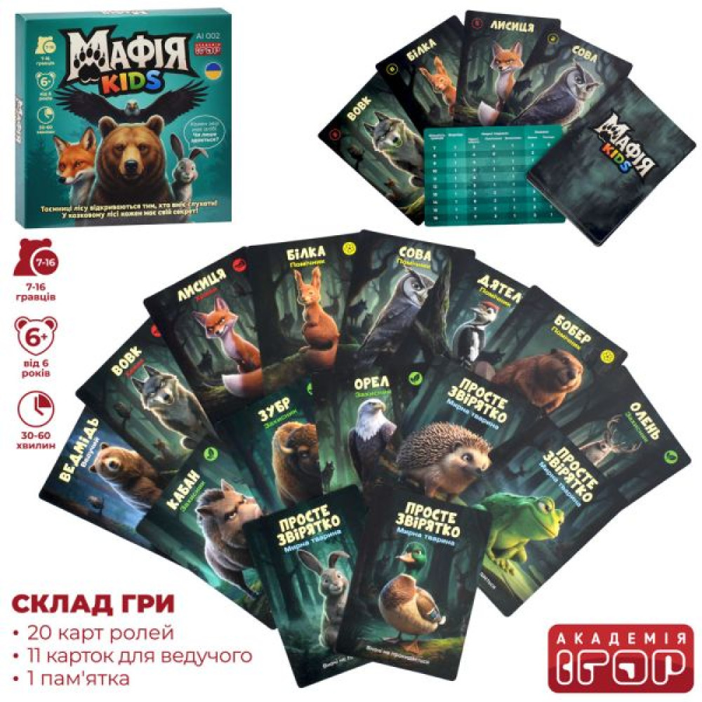 Настільна гра AI 002 (48шт) Дитяча мафія, картки 31шт, в кор-ці, 13-13-2см