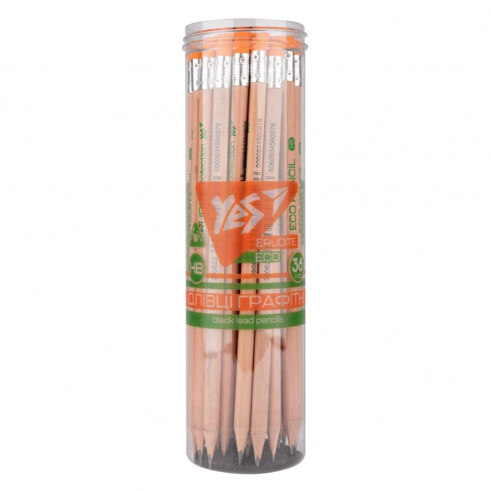 Олівець YES ч/гр трикутний з ласт. у пл. тубі "ECO Pencil Erudite", 36 шт/уп 280622