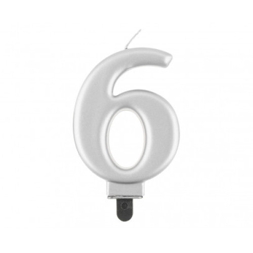 Свічка цифра "6", срібна металік, 8 см