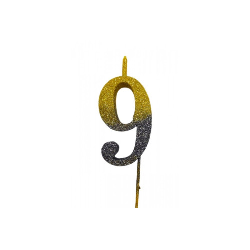 Свічка цифра Велика, шпажка, блискітки, золото-графіт 9 (30 см) 13607