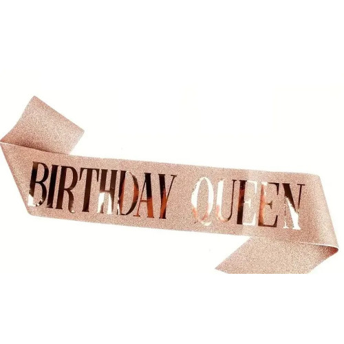 Святкова глітерна стрічка Birthday QUEEN рожеве золото 15844