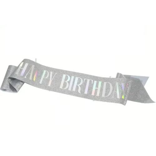 Святкова глітерна стрічка Happy birthday срібло 15839