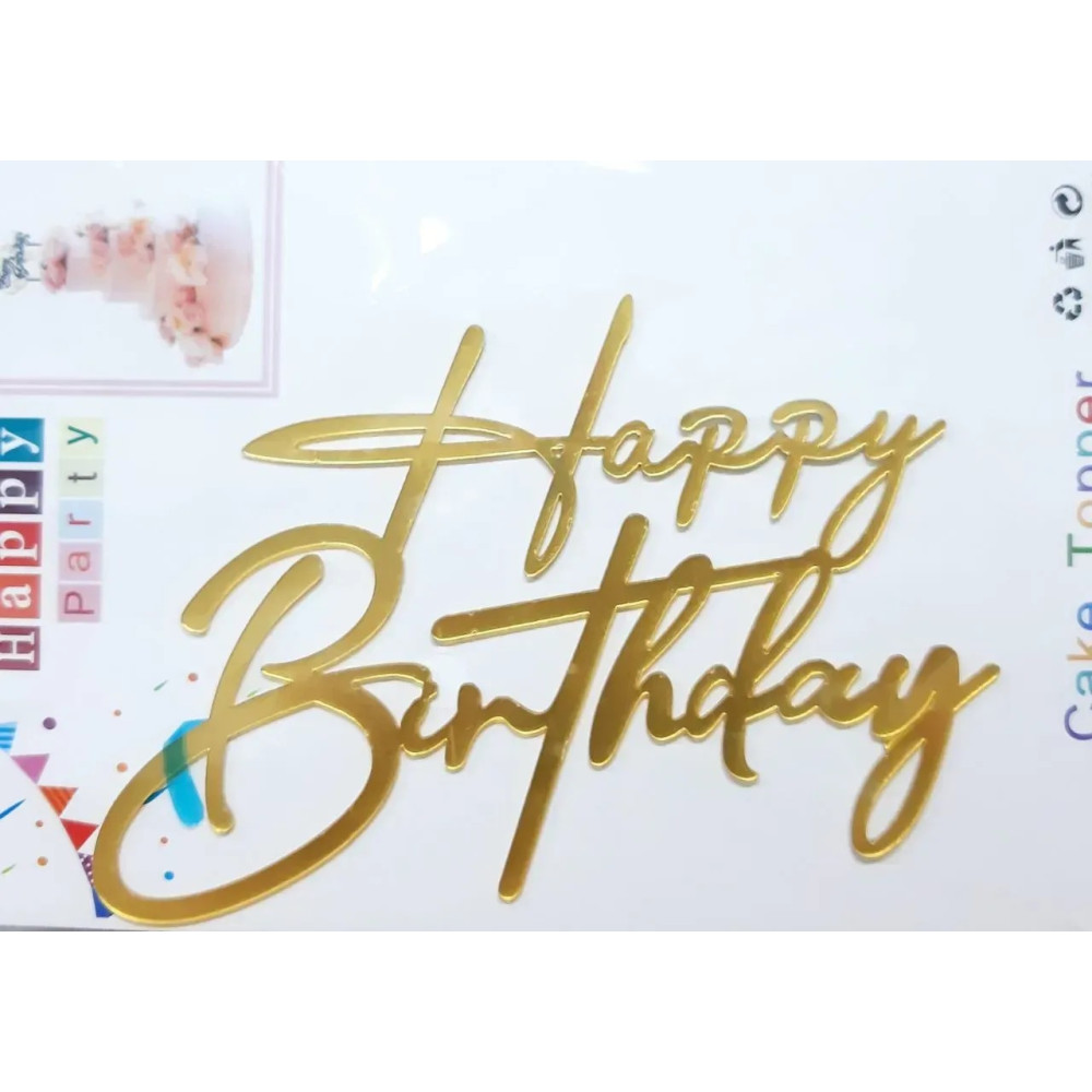 Топер для торта Happy Birthday акрил горизонтальний надпис пером 15102
