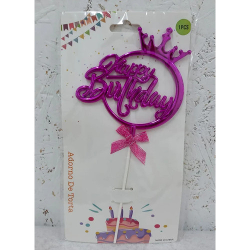Топпер для торта Happy Birthday Фуксія в колі з короною 15108