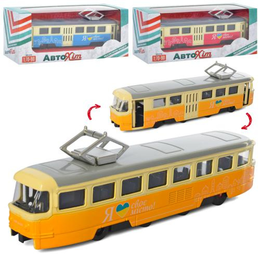 Трамвай M 5660 (60шт) металл,1:70, инер-й, 18,5см,открыв. двери, 3цв, в кор-ке, 19,5-7,5-5,5см