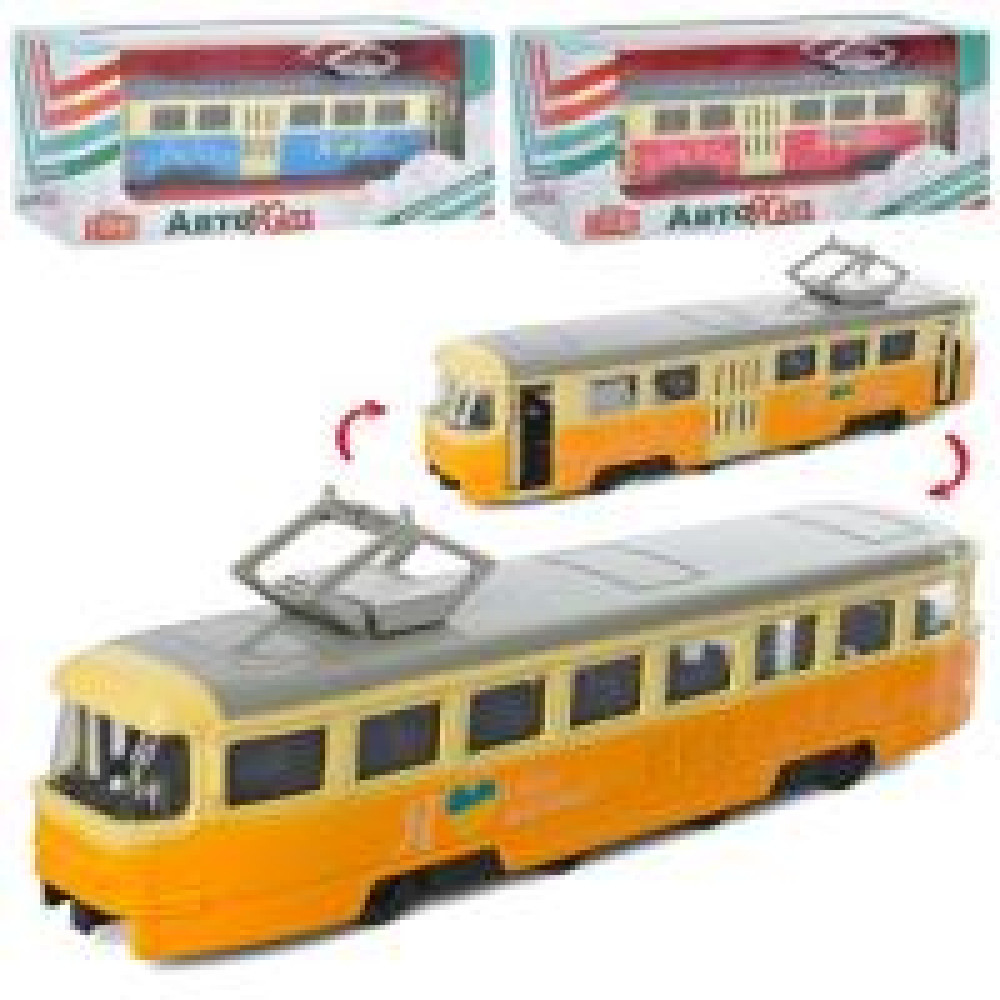 Трамвай M 5660 (60шт) металл,1:70, инер-й, 18,5см,открыв. двери, 3цв, в кор-ке, 19,5-7,5-5,5см